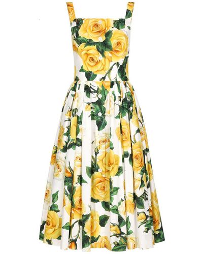 Dolce & Gabbana Pleated Button-embellished Floral-print Cotton-poplin Midi Dress - Yellow