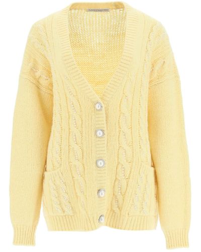 Alessandra Rich Long Cardigan With Pearls - Yellow