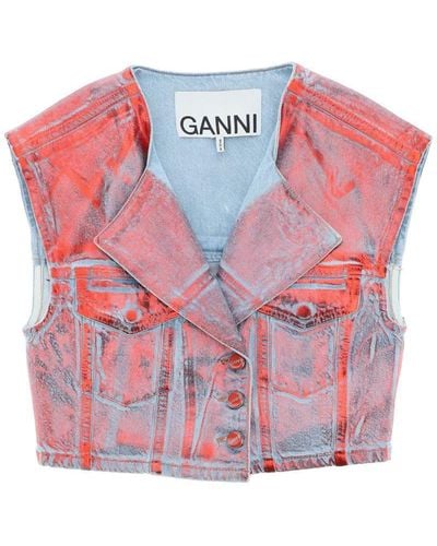 Ganni Cropped Vest In Laminated Denim - Pink