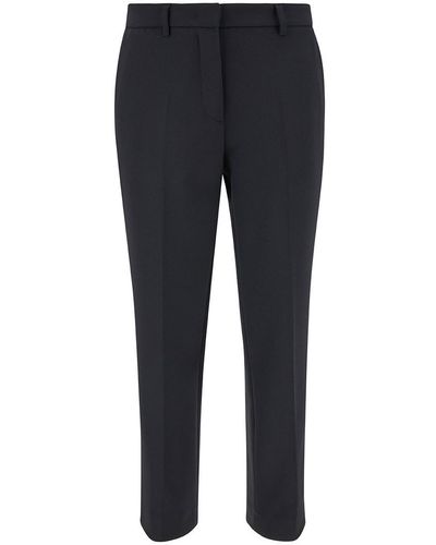 Plain Black Straight Pants With Belt Loops In Double Crepe Woman - Blue