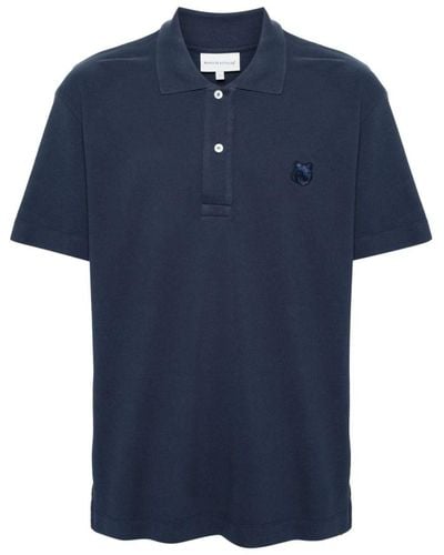 Maison Kitsuné Fox Head-Patch Piqué Polo Shirt - Blue