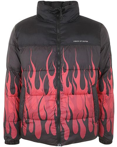 Vision Of Super Black Puffy Jacket With Red Flames Clothing