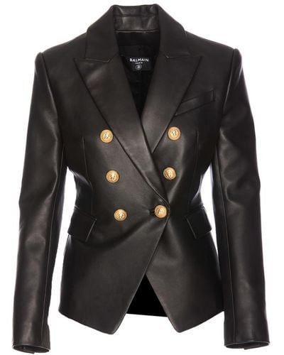 Balmain Double-breasted Leather Blazer Blazer And Suits - Black