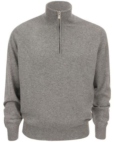Brunello Cucinelli Cashmere Turtleneck Sweater With Zip - Gray