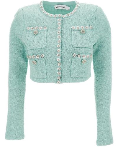 Self-Portrait Light Crop Jacket With Jewel Buttons - Green