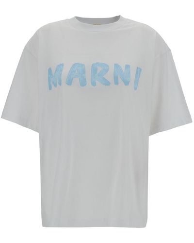 Marni White Crewneck T-shirt With Logo Print In Cotton Woman - Gray