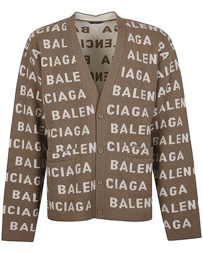 Balenciaga Allover Logo Wool Cardigan - Brown