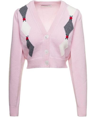 Alessandra Rich Pink Cardigan With 'diamond' Motif And Embroidered Rose Detail In Wool Woman