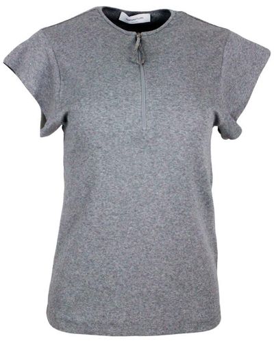 Fabiana Filippi Short-Sleeved Round-Neck Cotton Jersey T-Shirt With Zip And Embellished With Rows Of Brilliant Jewels On The Zip Puller - Grey