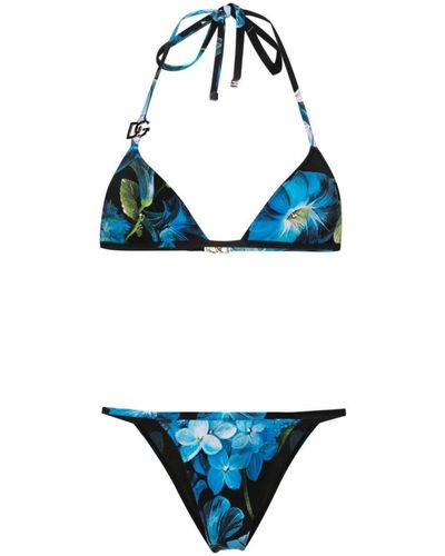 Dolce & Gabbana Flower Print Triangle Bikini Set - Blue
