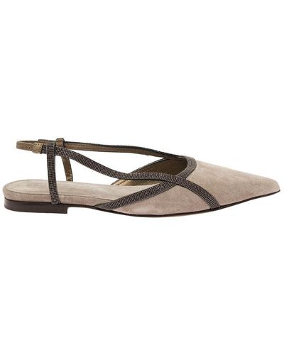 Brunello Cucinelli Grey Sling-back Ballet Flats With Monile Detail In Suede - White