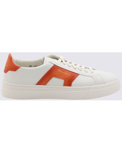 Santoni White And Orange Leather Sneakers - Multicolor