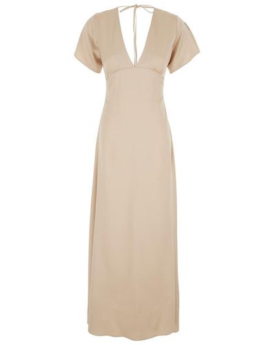 Plain Long Dress With Bow - Natural