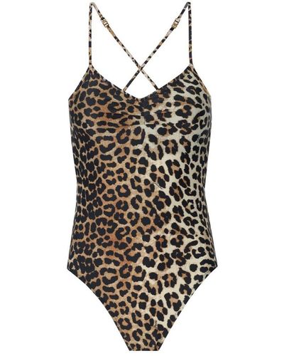 Ganni Leopard-Print Swimsuit - Brown