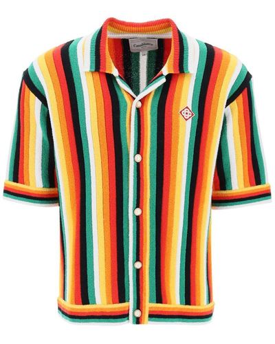 Casablancabrand Striped Knit Bowling Shirt With Nine Words - Orange