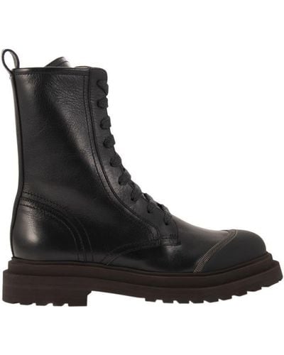Brunello Cucinelli Leather Boot With 'precious Contour - Black