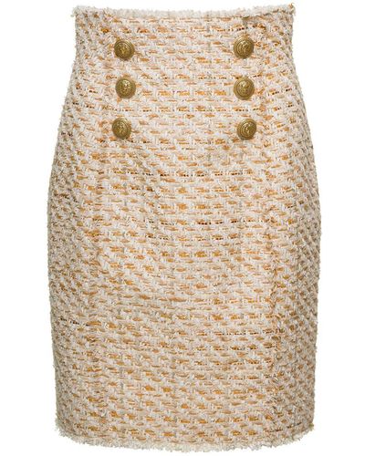 Balmain Tweed Skirt With Front Golden Buttons - Natural