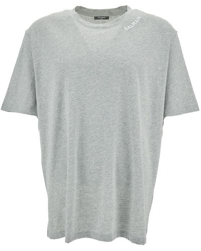 Balmain Gray Crewneck T-shirt With Contrasting Logo Embroidery In Cotton Man