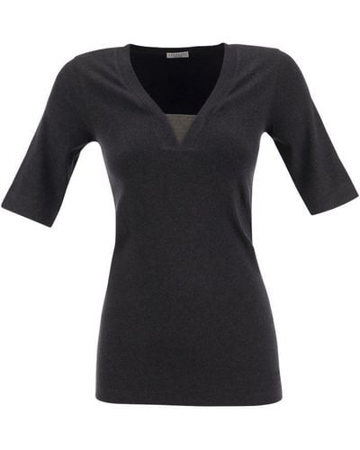 Brunello Cucinelli Stretch Cotton Rib Jersey T-shirt With "precious Insert" - Black