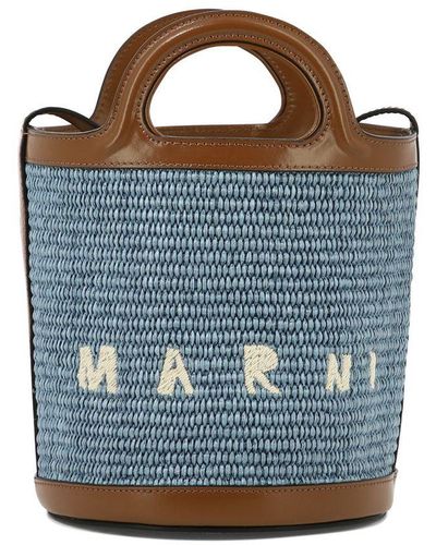 Marni Leather And Raffia Tropicalia Handle Bag - Blue