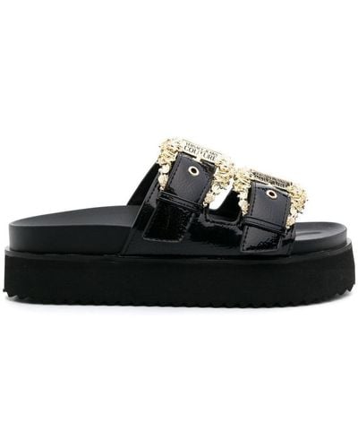 Versace Jeans Couture Double-buckle Leather Slides - Black