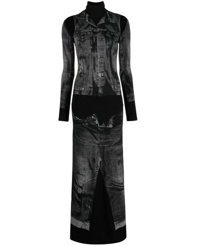 Jean Paul Gaultier Trompe L'oeil Tattoo Print Long Dress - Black