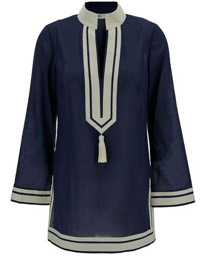 Tory Burch E Tunic With Contrasting Details And Tassel In Cotton - Blue