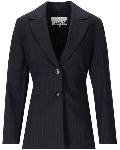 Ganni Single-breasted Pinstriped Blazer - Blue