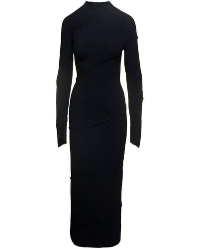 Balenciaga Maxi Black Ribbed Dress With Spiral Construction And Exposed Seams In Viscose Blend Knit Woman