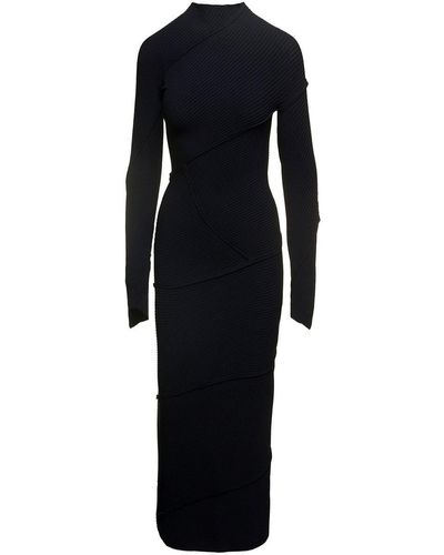 Balenciaga Maxi Black Ribbed Dress With Spiral Construction And Exposed Seams In Viscose Blend Knit Woman