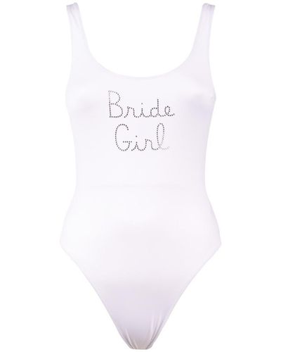 Saint Barth One-Piece Swimsuit With Rhinestone Embroidery Bride Girl - White