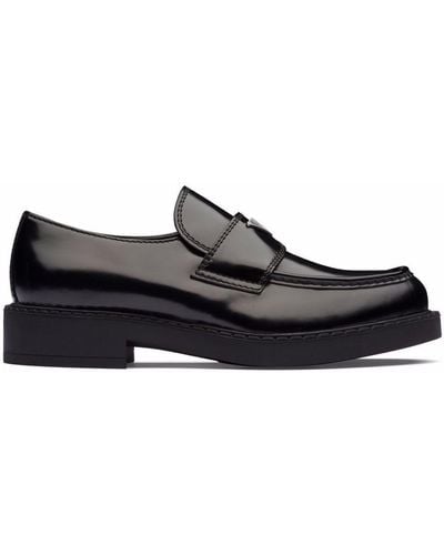 Prada Chocolate Brushed Leather Loafers Shoes - Black
