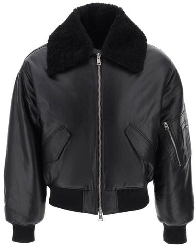 Ami Paris Leather Bomber Jacket - Black