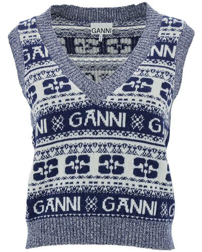 Ganni Graphic V-Neck Vest - Blue
