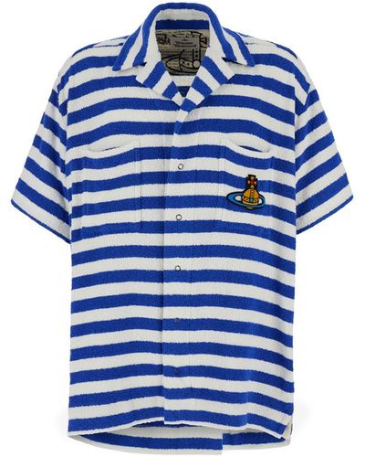 Vivienne Westwood And Striped Bowling Shirt With Orb Embroidery - Blue