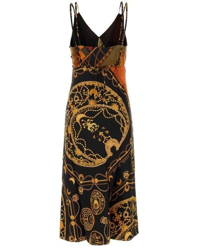 Marine Serre Printed Long Cocktail Silk Dress - Black