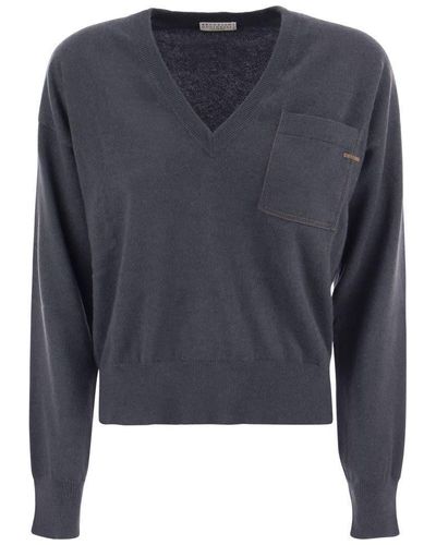 Brunello Cucinelli Cashmere Sweater With Pocket - Blue