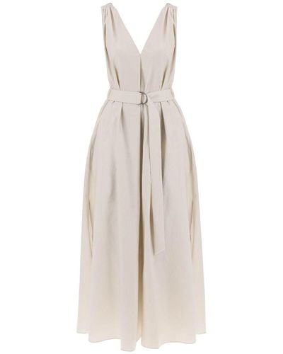 Brunello Cucinelli Maxi Flared Dress With Precious Shoulder - White