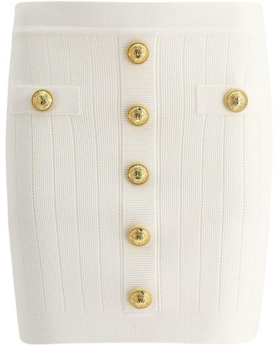 Balmain Knit Short Skirt With Gold Buttons - White