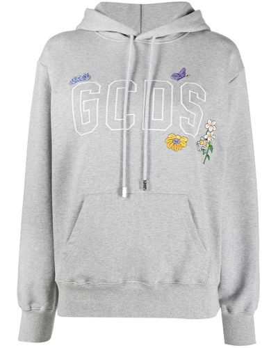 Gcds Logo-embroidered Cotton Hoodie - Grey