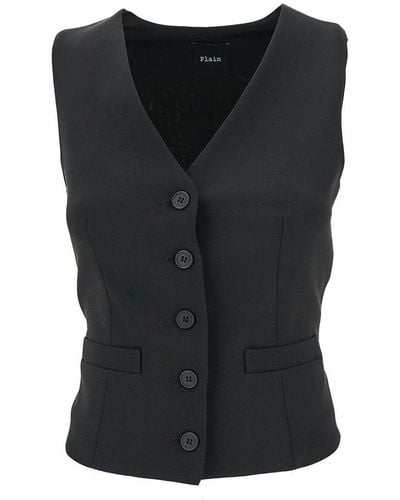 Plain Black Fitted Vest With Two Front Pockets In Tech Fabric Woman