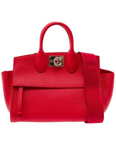 Ferragamo 'studio Bag S' Handbag With Gancini Detail In Hamme Leather - Red