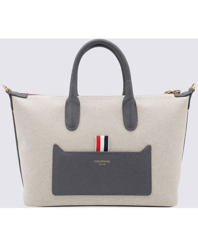 Thom Browne Natural Canvas And Leather Tote Bag - Grey