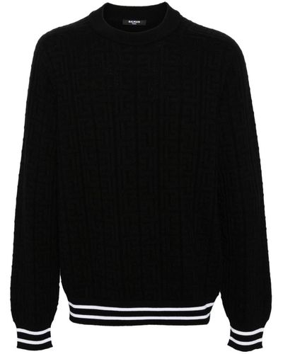 Balmain Merino Wool Sweater With Stripe Detail And Jacquard Pattern - Black