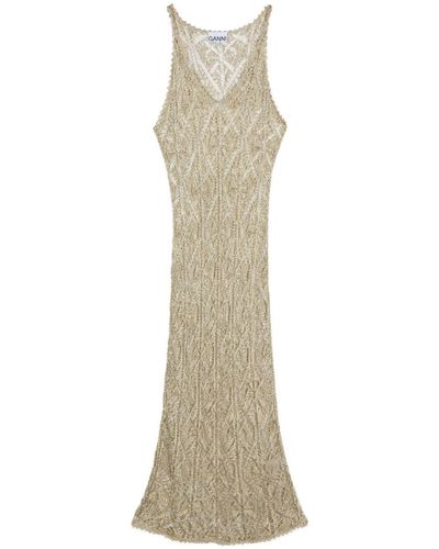 Ganni Midi Dress In Viscose Blend With Metallic Texture. - Natural