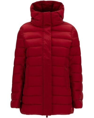 Save The Duck 'drimia' Long Red Down Jacket With Tonal Logo Patch In Shiny Leather Woman