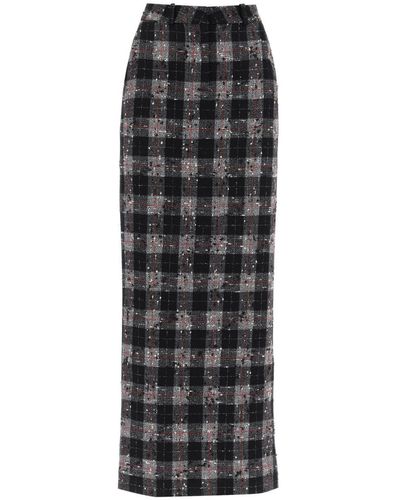 Alessandra Rich Maxi Skirt In Boucle' Fabric With Check Motif - Black