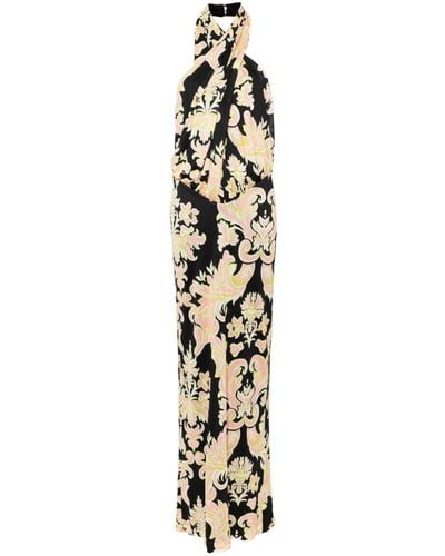 Etro Long Dress With Paisley Print And Open Back - Metallic