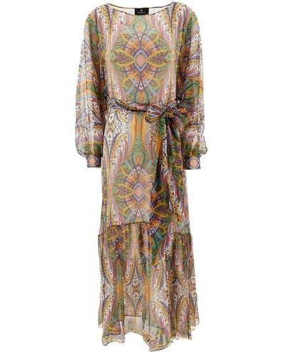 Etro Maxi Dress With All-Over Print And Belt - Natural