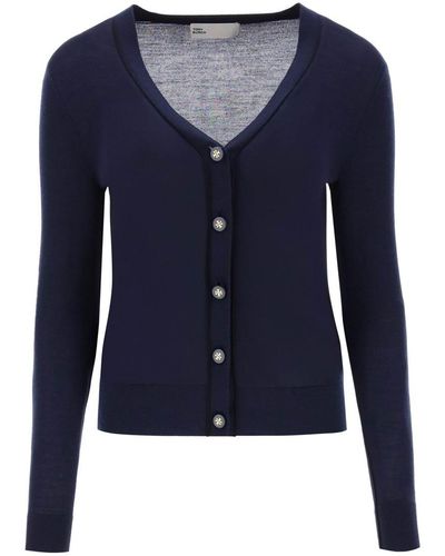 Tory Burch Simone Wool And Silk Cardigan - Blue